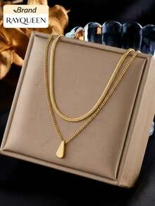RAYQUEEN 1pc Hot-Selling Stainless Steel Double-Layer Water Drop Pendant Necklace For Women, Suitable For Daily Wear And Gifting - Gold - View 1