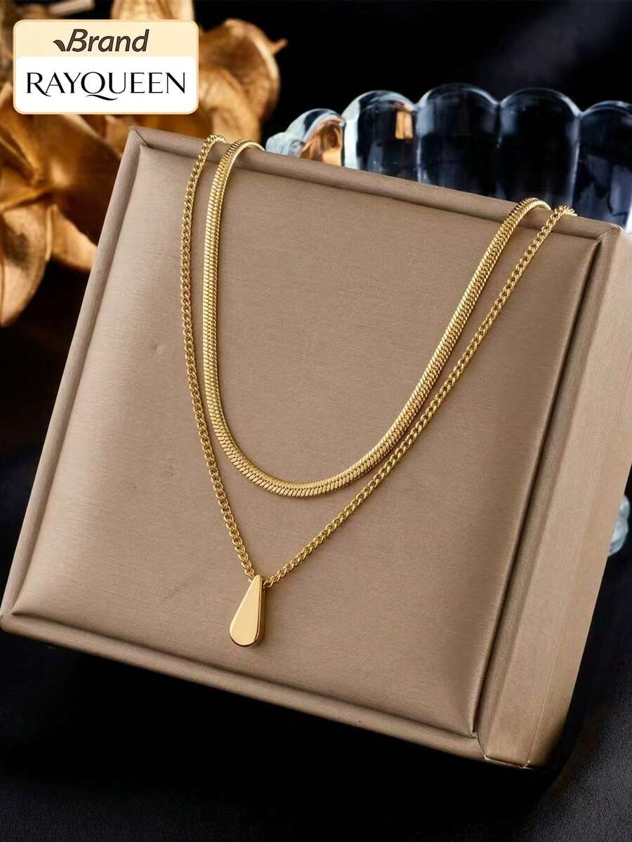 RAYQUEEN 1pc Hot-Selling Stainless Steel Double-Layer Water Drop Pendant Necklace For Women, Suitable For Daily Wear And Gifting - Gold - View 1