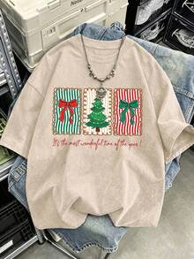 T-shirt graphique sapin de Noël pour femmes, col rond, manches courtes, imprimé nœud et lettres, top vintage pour fête de fin d'année - Blanc cassé - Voir 8