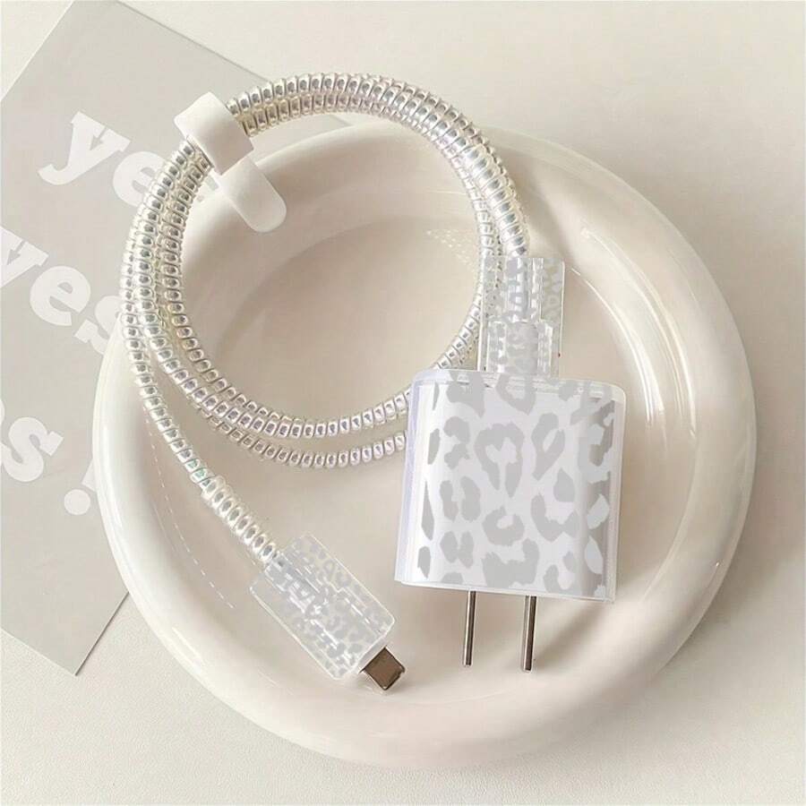 Juego de 5 piezas de protección para cargador de teléfono con diseño plano 2D y estampado de leopardo gris, incluye cubierta para cabezal de cargador + protector de cable + cuerda de almacenamiento + protector de cable de datos con envoltura espiral, compatible con cargador 20W/18W - Multicolor - Ver 1