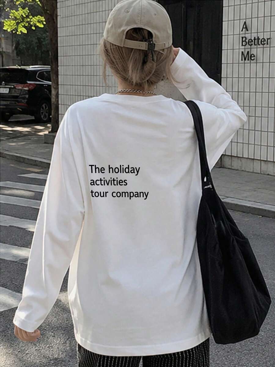 Women's Fashion Autumn/Winter Loose Versatile Letter Print Long Sleeve T-Shirt Casual - White - View 1