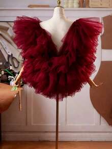 Bridal Ethereal Multi-Color Mesh Shawl, Evening Gown Outer Layer, Performance & Photo Accessory, Large Shawl - Burgundy - View 3