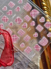 3D 浮雕粉色格紋愛心美甲貼紙，亮片格紋仿珍珠邊框 Love 文字自黏式美甲貼花，甜美學院風透明底 DIY 美甲裝飾貼片 - 彩色 - 查看 4