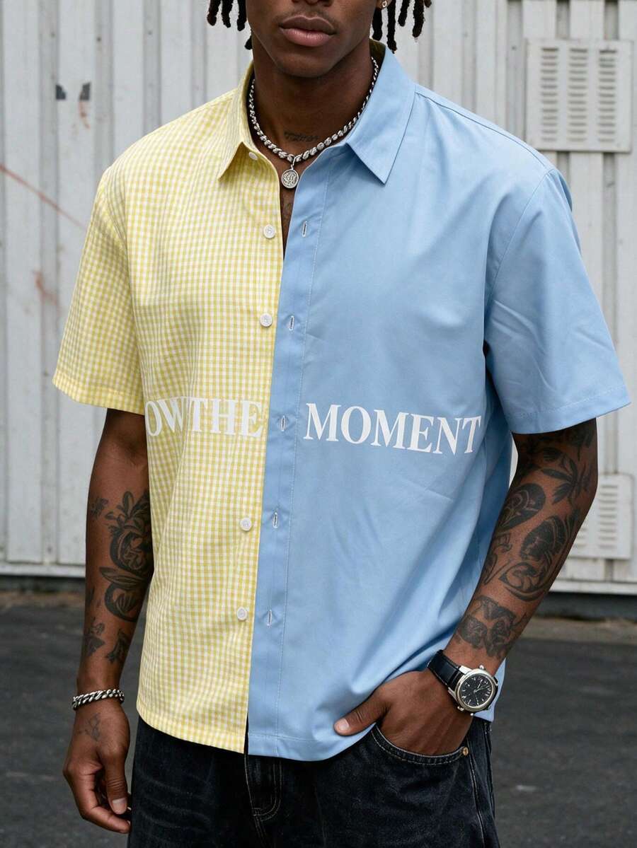 Plaid & Solid Color Splice Contrast Color Men's Summer Commute Casual Vacation Style Letter Print Shirt - Multicolor - View 1