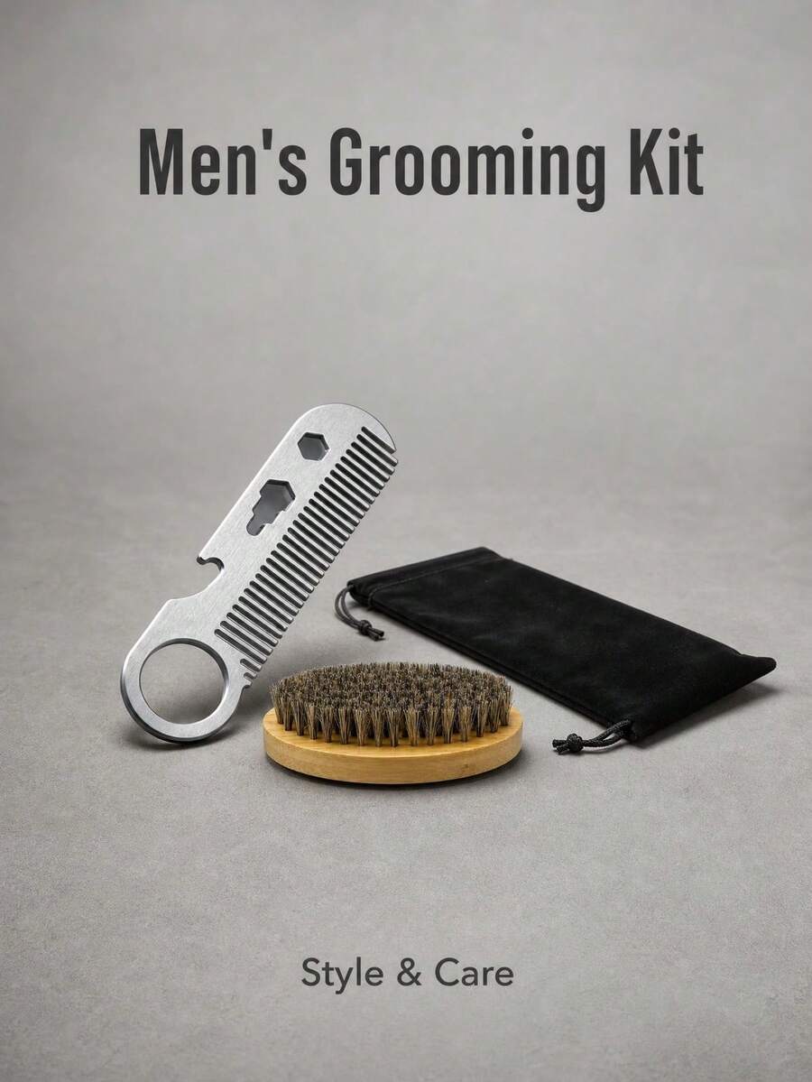 Men's Beard Grooming Kit, Wooden Dual Teeth Beard Comb, Beard Brush & Stainless Steel Trimming Scissors With Storage Pouch, Portable Facial Hair Styling Tool Set For Daily Grooming - Beard Comb + brush - View 1