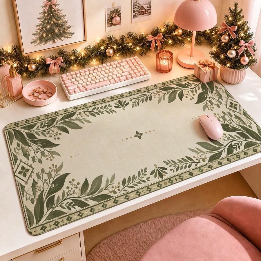 1pc Vintage Green Leaf Border Large Desk Mat, Non Slip Extended Mouse Pad, Boho Aesthetic Desktop Decor - View 1