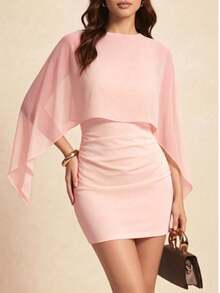 Solid Color Batwing Sleeve Patchwork Lightweight Elegant Party Dress, 2-In-1/Deconstructed Style, Suitable For Evening Party, Date, Vacation, Back To School, Birthday Party, Daily Wear, First Day Of School - Pink - View 3