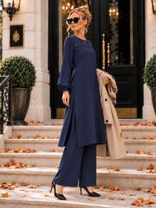 Women's Elegant Black Modest Two Piece Set – Pearl Detail Long Tunic & Wide Leg Pants – Chic Autumn - Navy Blue - View 4
