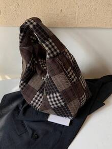 Tas Tote Patchwork Kotak-kotak Retro untuk Wanita di Musim Gugur dan Musim Dingin, Gaya Santai, Tas Bahu Kapasitas Besar, Tas Komuter Bertekstur untuk Pelajar - Coffee Brown - View 8