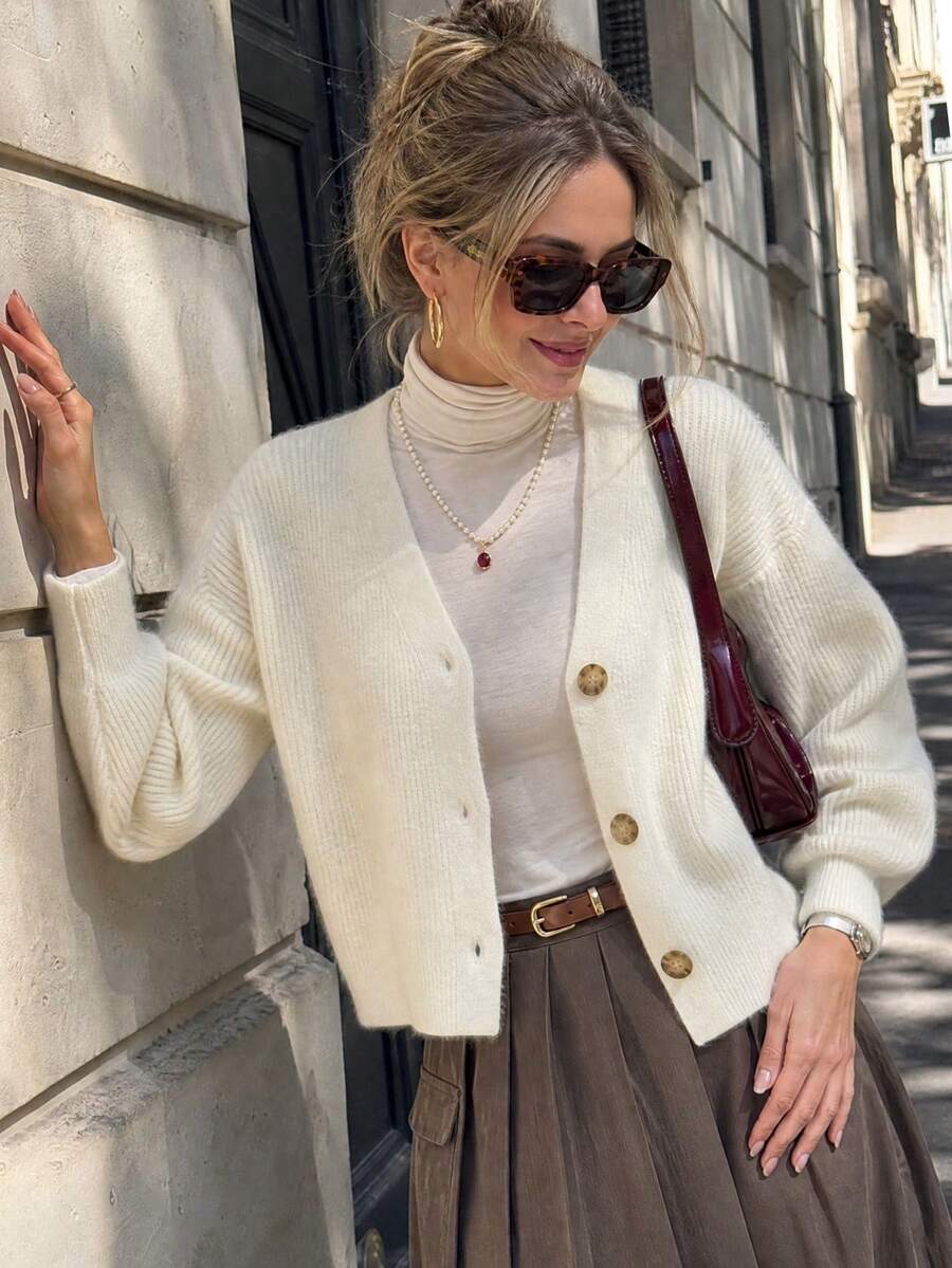 JIANHU Women's White V-Neck Button Knit Cardigan Long Sleeve Jacket For Autumn/Winter Christmas New Year - White - View 1