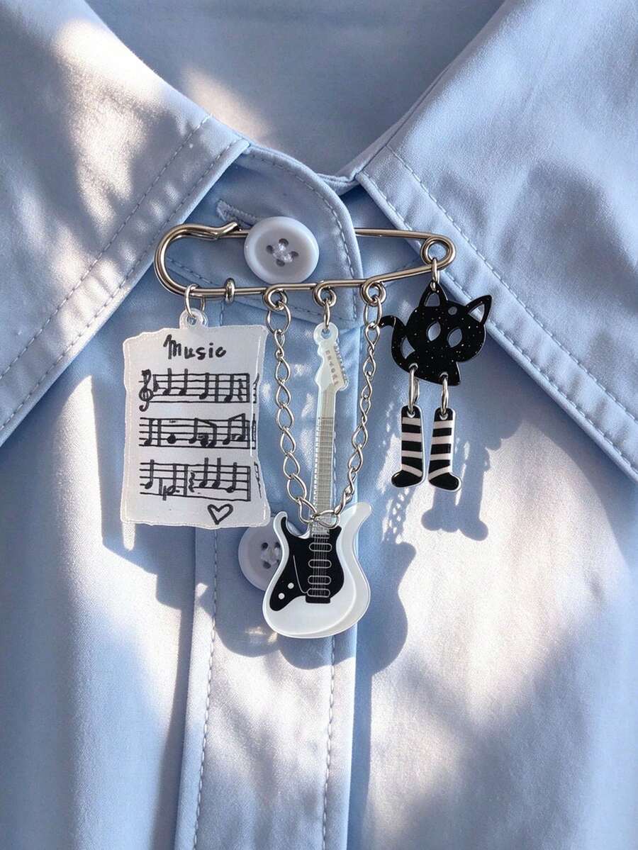 1pc Music Score, Guitar, Black Cat Brooch, Suitable As Halloween Gift - Multicolor - View 1