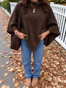 Women's Y2K Elegant Minimalist Fashion Shawl Sweater, Solid Color Ribbed, Daily Wear, Autumn Winter Spring - Brown - View 9