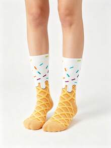 1/5 Pairs Sweet Girl Style Melting Ice Cream Cone Pattern Mid-Calf Socks, Colorful Sprinkles Design, Fun Cartoon Socks For Autumn New Arrival, Daily Wear - Multicolor - View 11