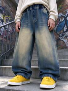 Boys' Big Kids' Loose Fit Elastic Waist Straight Leg Casual Denim Jeans Long Pants, Suitable For Daily, School, Casual, Outdoor Wear, Spring/Autumn/All Season - Blue - View 1