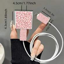 5pcs 2D Flat Design Pink Leopard Print Phone Charger Protector Set, Charger Head Cover + Cable Protector + Storage Rope + Data Cable Protector Spiral Wrap, Compatible With IPhone 20W/18W Chargers - Multicolor - View 5