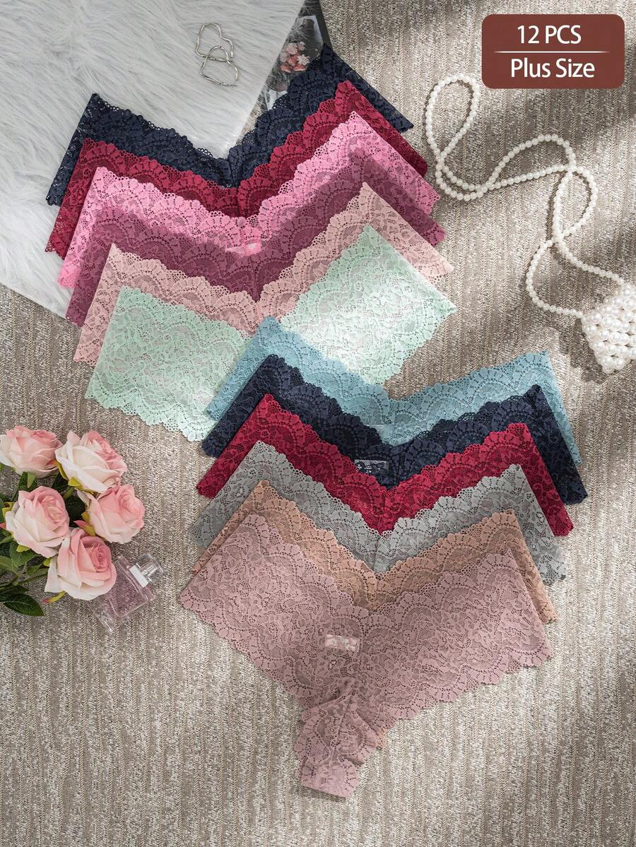 12pcs/Pack Women's Plus Size Sexy Lace Trim Comfortable Breathable Triangle Panties - Multicolor - View 1