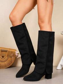 Vintage Suede Chunky Heel Slimming Knee-High Boots For Women, Autumn/Winter New Pointed Toe Tube Knight Pants Boots - Black - View 1