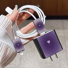 4pcs 2D Flat Design Purple Gradient Heart Phone Charger Protection Set, Charger Head Cover + Cable Protector + Storage Rope, Compatible With IPhone 20W/18W Charger - Multicolor - View 4