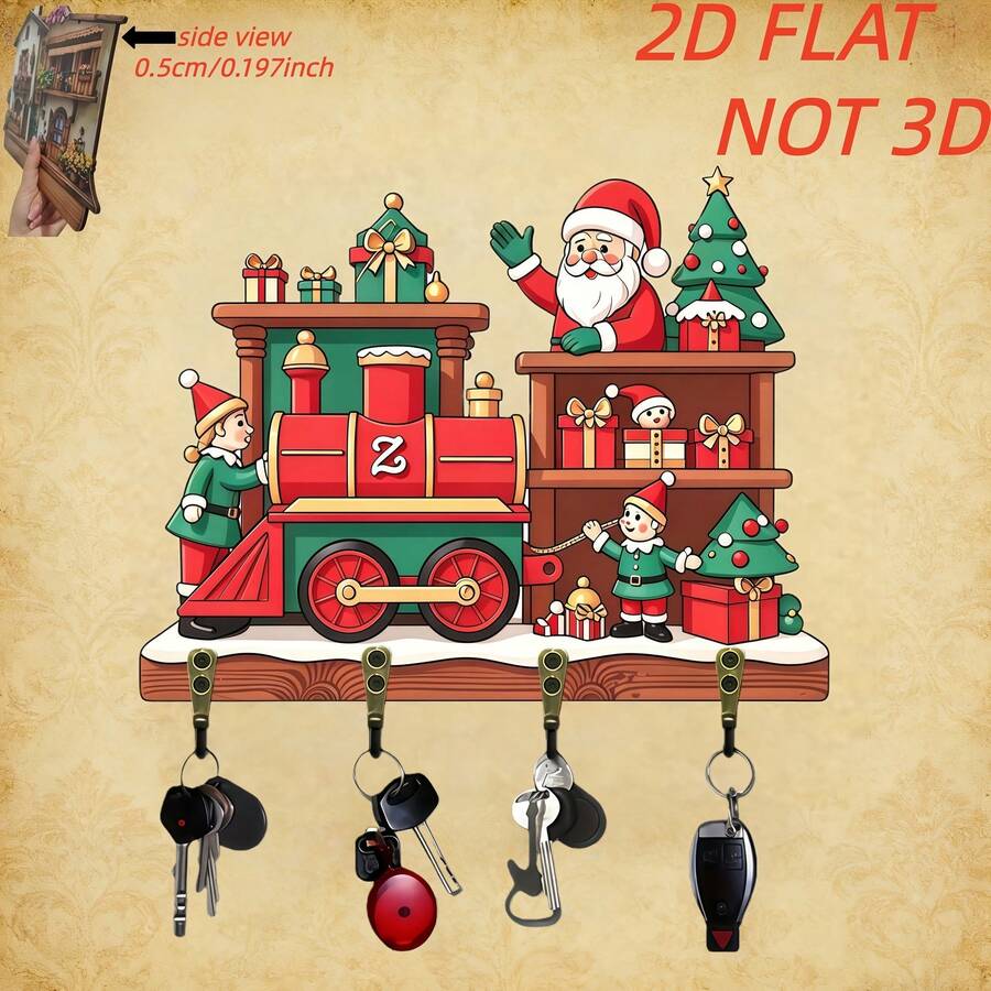 2D Flat Wooden Multi-Function Key Holder, Santa Claus & Elf Theme Design; Comes With Hooks, Suitable For Wall Decor, Kitchen Decor - Multicolor - View 1