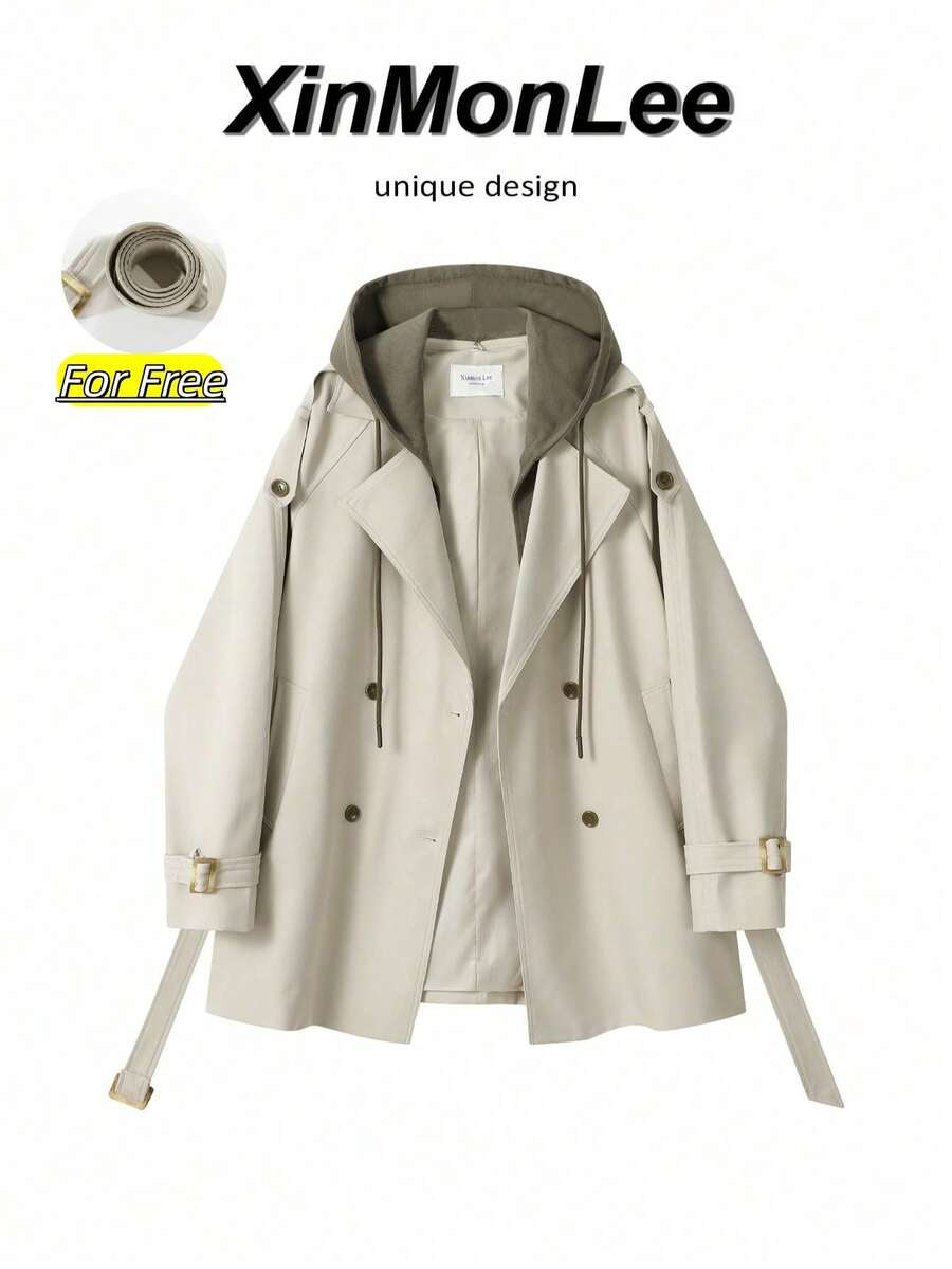 Vintage Double-Breasted Trench Coat Jacket With Buttons, Elegant Casual For College, Office, Daily Wear, Spring/Autumn, Vacation And Travel - Apricot - View 1