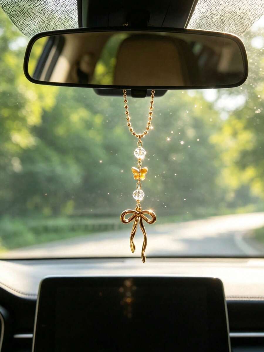 1pc Crystal Beaded Alloy Bow Pendant Car Interior Rearview Mirror Hanging Decoration Car Interior Decor Accessory - A - View 1