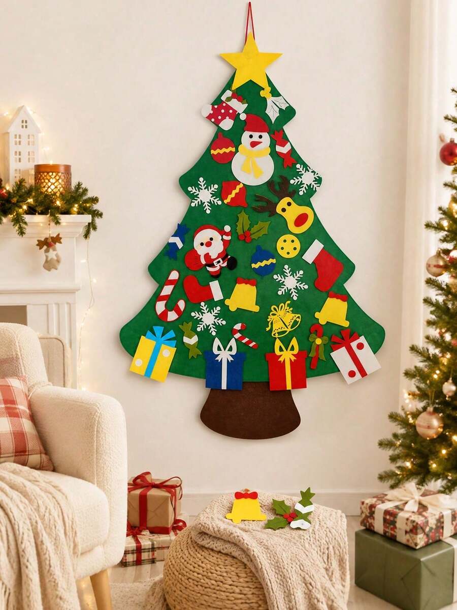 Set Dekorasi Pohon Natal dari Kain Felt yang Terdiri dari Berbagai Bagian, Termasuk Santa Claus, Manusia Salju, Rusa Kutub, Lonceng, Kepingan Salju, dan Kotak Hadiah, Cocok untuk Dekorasi Natal di Rumah dan Pesta Liburan.