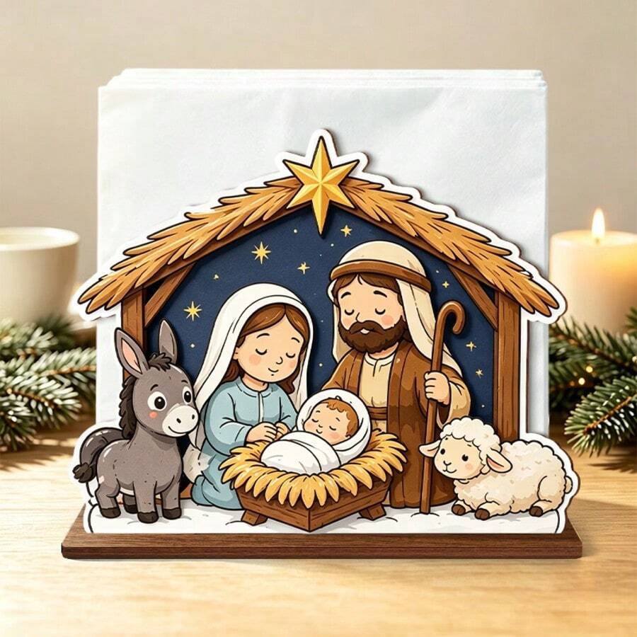 1 buah Tempat Tisu Kayu Bertema Natal, Kotak Tisu Meja dengan Desain Keluarga Kudus, Gembala, Bintang, Keledai, dan Domba, Kotak Penyimpanan Tisu Kertas untuk Meja Dapur Natal, Dekorasi Tengah Meja Makan Rumah untuk Liburan - View 1