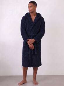Snug League 1pc Men's Textured Pocket Tie Hooded Bathrobe Casual Style - Navy Blue - View 4
