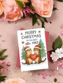 1pc Sweet Christmas Card For Partner, Husband, Wife – Playful Otter Cartoon Illustration, Romantic Holiday Greeting, Thickened, With Envelope - A - View 4