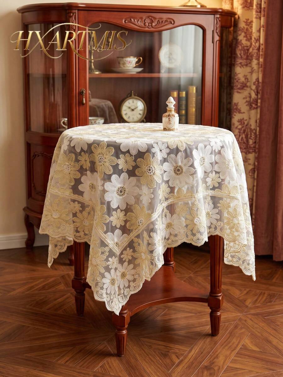 HXARTMIS 1pc French Vintage Daisy Chain Embroidered Sheer Lace Rectangular Tablecloth, White & Gold Hollow Scalloped Lace Table Cover, Suitable For Dining Table, Wedding, Party And Home Romantic Decor - Multicolor - View 1