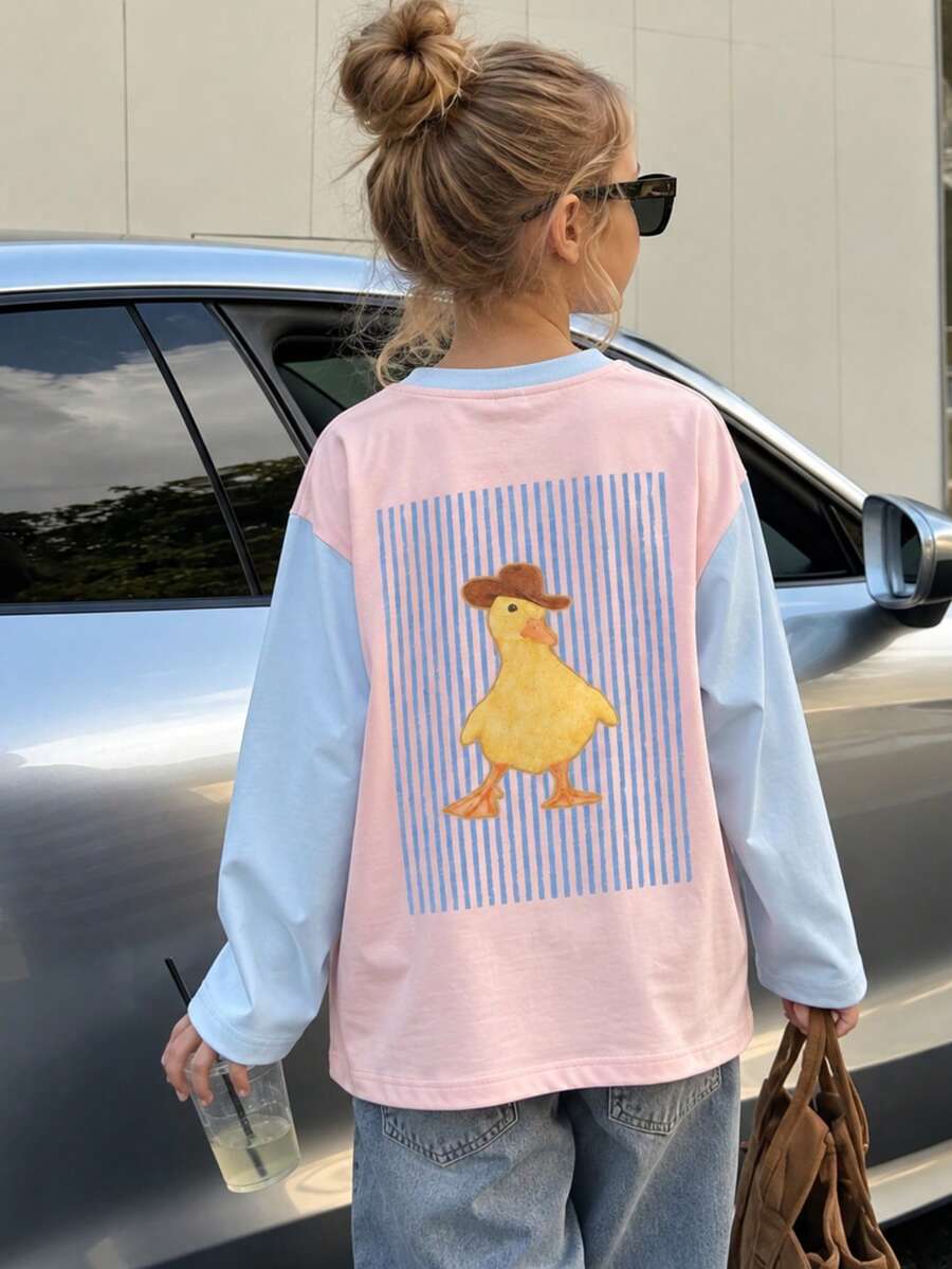 Tween Girl 1pc Printed Patchwork Contrast Color Long Sleeve T-Shirt, Suitable For Tween GirlsAutumn/Winter Top, Young Student Children's Clothing, Suitable For Outerwear And Inner Layer - Pink - View 1