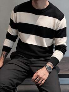 Men's Crew Neck Knit Sweater, Vintage Nautical Style Casual Pullover - Blue - View 2