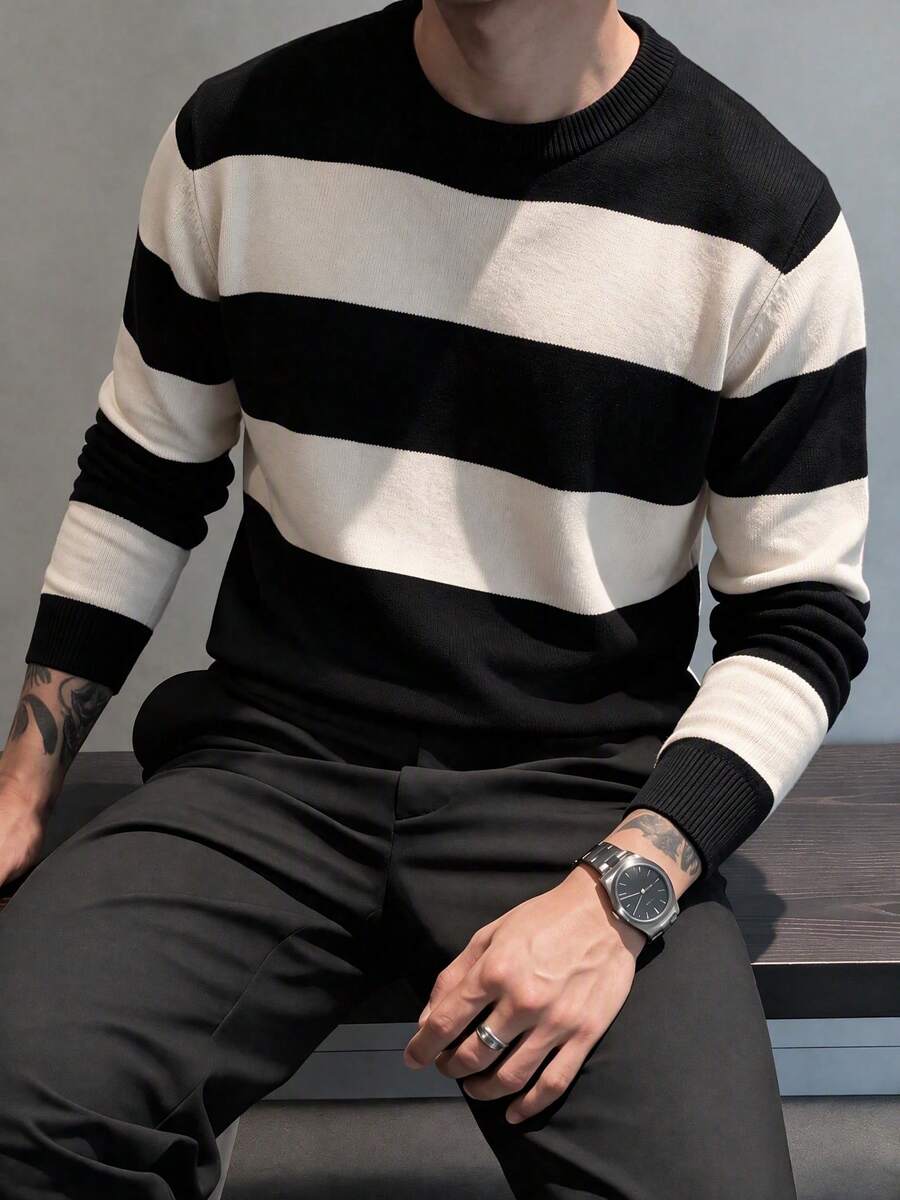 Men's Crew Neck Knit Sweater, Vintage Nautical Style Casual Pullover