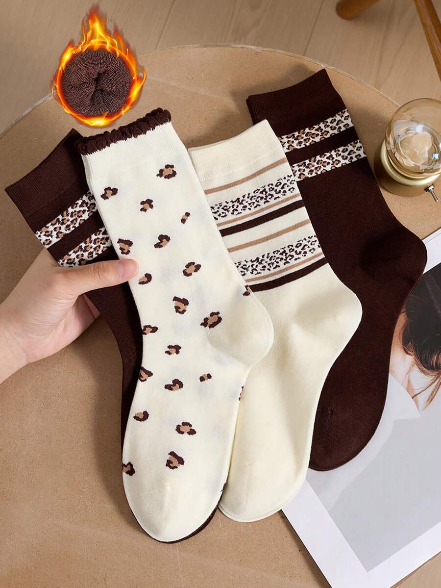 2 Pasang Kaos Kaki Pendek Wanita Motif Leopard, Putih dan Krem, Panjang Setengah Betis, Cocok untuk Musim Gugur/Dingin - MultiWarna - View 1