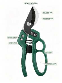 1pc 8-Inch Curved Pruning Shears, SK5 Steel Blade, Green ABS Handle, Heavy Duty Bypass Garden Pruning Tool With Spring Lock, Branch Cutter For Hedge And Shrub Trimming (Free Cardboard Packaging) - A - View 6