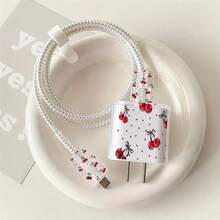 Set Pelindung Charger Ponsel Motif Polka Dot Cherry 2D 5pcs, Penutup Kepala Charger + Pelindung Kabel + Tali Penyimpanan + Pembungkus Spiral Pelindung Kabel Data, Kompatibel dengan Charger 20W/18W - MultiWarna - View 1