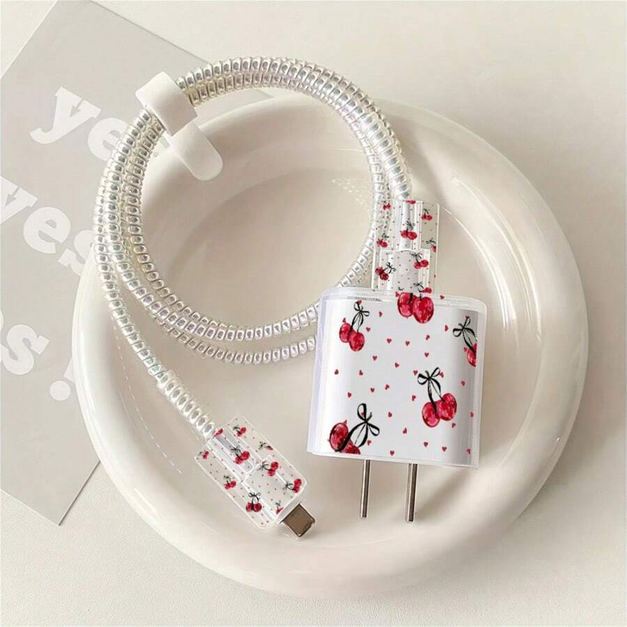 Set Pelindung Charger Ponsel Motif Polka Dot Cherry 2D 5pcs, Penutup Kepala Charger + Pelindung Kabel + Tali Penyimpanan + Pembungkus Spiral Pelindung Kabel Data, Kompatibel dengan Charger 20W/18W - MultiWarna - View 1