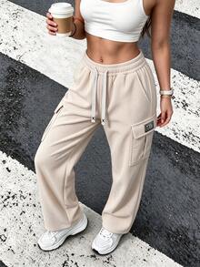 Women's Ribbed Corduroy Cargo Pants, Drawstring Waist Design, Wide Leg Straight Y2K Style Loose Long Pants, Suitable For Autumn Wear, Slightly Elastic Fabric - Apricot - View 1