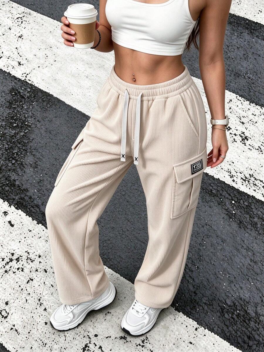Women's Ribbed Corduroy Cargo Pants, Drawstring Waist Design, Wide Leg Straight Y2K Style Loose Long Pants, Suitable For Autumn Wear, Slightly Elastic Fabric - Apricot - View 1