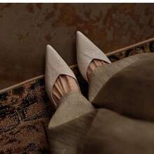 French Style New Pleated Washed Pointed Toe Shallow Backless Low Heel Pumps Casual Patchwork Beach Office Basic - Beige - View 3
