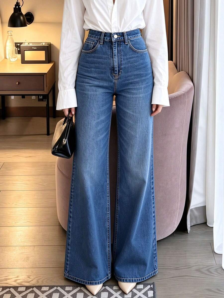 New Women's Stretch Denim Wide Leg Trousers High Waist Jeans For Work And Daily Wear Casual Fall - Medium Wash - View 1