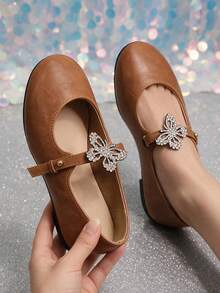 Elegant Rhinestone Butterfly Decor Buckle Shallow Women's Shoes, Exquisite Butterfly Rhinestone Embellishment, Minimalist Round Toe, Versatile Girly Style Women's Shoes - Light Brown - View 4