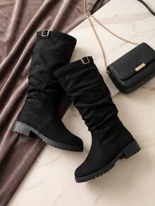 1 Pair Fashionable Kids' Tall Boots, Girls' Plus Size High-Top Boots, Black Suede Pleated High-Top Riding Boots, Thick Sole, Teenager Best Friend Outfit, Parent-Child Matching, Suitable For Autumn/Winter Daily Wear, Vacation And Travel - Black - View 1