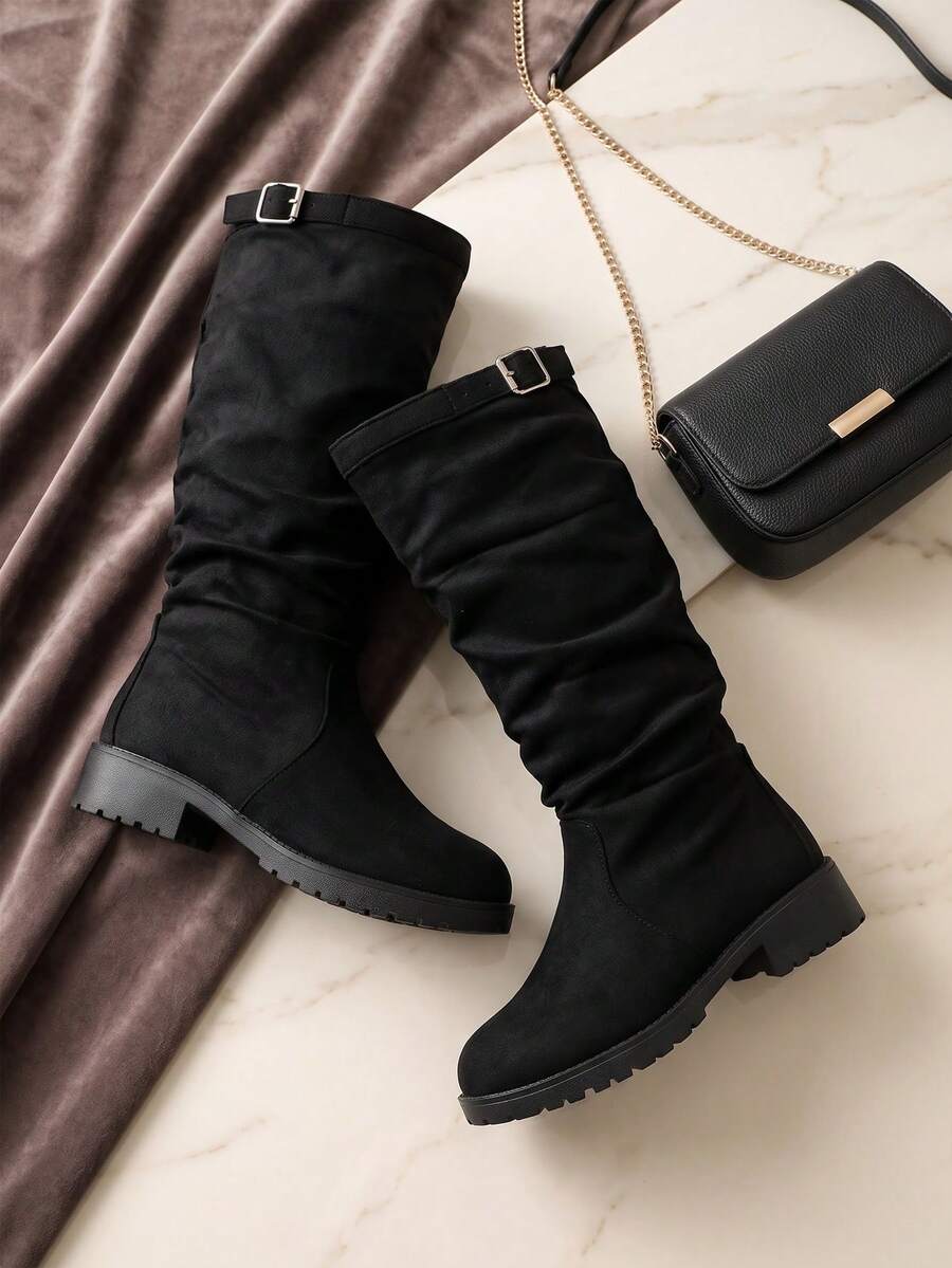 1 Pair Fashionable Kids' Tall Boots, Girls' Plus Size High-Top Boots, Black Suede Pleated High-Top Riding Boots, Thick Sole, Teenager Best Friend Outfit, Parent-Child Matching, Suitable For Autumn/Winter Daily Wear, Vacation And Travel - Black - View 1