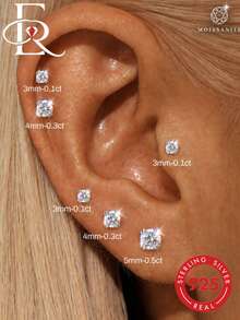 EleRunis 1pc Moissanite 925 Sterling Silver Classic 4-Prong Flat Back Cartilage Spiral Piercing Earring, Wedding Daily Wear Bridal Jewelry - Silver - View 1