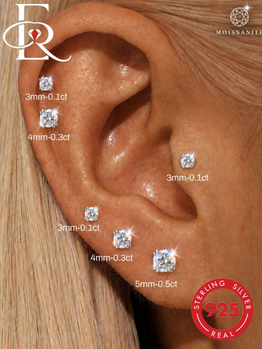 EleRunis 1pc Moissanite 925 Sterling Silver Classic 4-Prong Flat Back Cartilage Spiral Piercing Earring, Wedding Daily Wear Bridal Jewelry - Silver - View 1