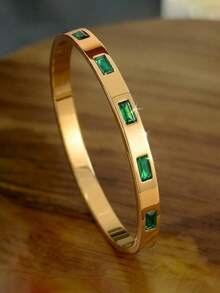 4/1 Pc Green Square Rhinestone Stacked Bracelet Set, 18K Gold Plated Stainless Steel White Rhinestone Bracelet And Green Bracelet, Sweet Multi-Layer Jewelry Set, Suitable For Women's Winter Outfit, Christmas Gift - Gold - View 4