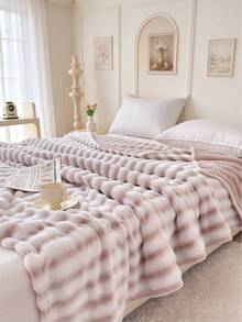 1pc Striped Print Faux Rabbit Fur Blanket, Soft Comfortable Warm Blanket For Home Decor, Suitable For Bed, Sofa, Office, Room Decoration, Dorm, Machine Washable - Light Khaki - View 10