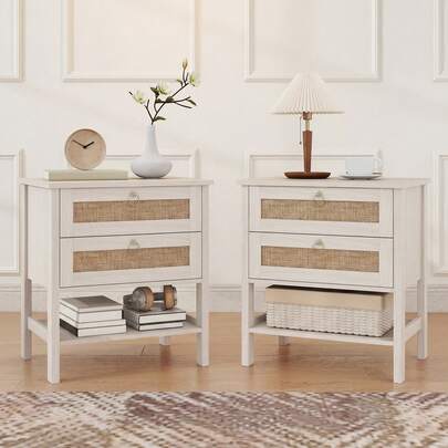 HOMCOM Rattan Nightstands Set Of 2, Boho Bedside Tables With 2 Drawers And Storage Shelf, End Side Tables With Brass Knobs For Bedroom Small Space, White Oak