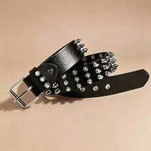 1pc Women's Punk Studded Cool Rock Heavy Metal Dark Style Leather Belt - Black - View 2
